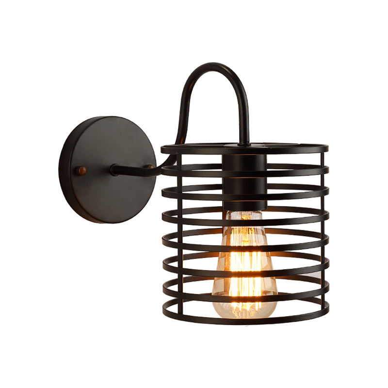 Metal Cylinder Caged Wall Lamp with Gooseneck Arm Retro 1 Head Corridor Wall Sconce Light in Black, 8.5