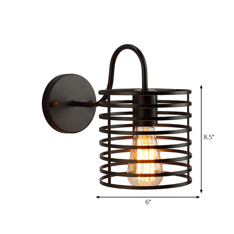 Metal Cylinder Caged Wall Lamp with Gooseneck Arm Retro 1 Head Corridor Wall Sconce Light in Black, 8.5