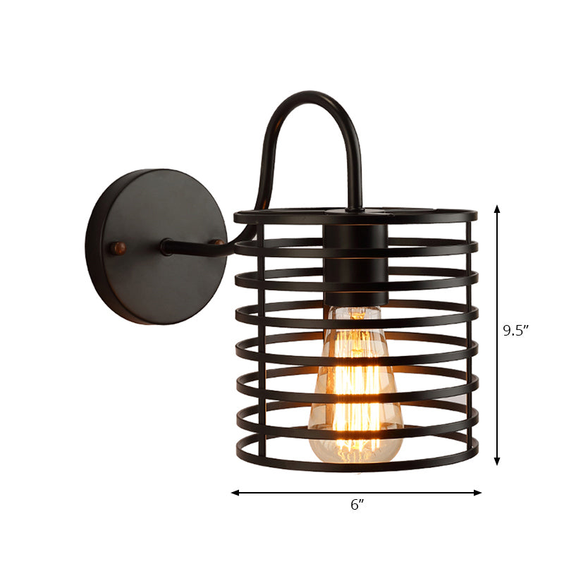 Metal Cylinder Caged Wall Lamp with Gooseneck Arm Retro 1 Head Corridor Wall Sconce Light in Black, 8.5