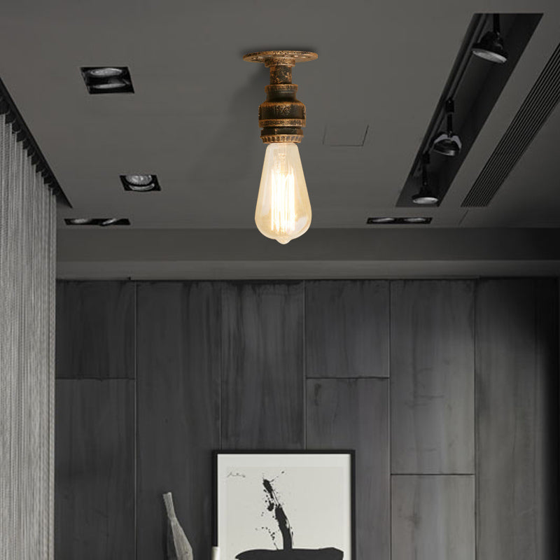 1 Head Iron Semi Flush Lighting Industrial Rustic Bronze/Antique Brass Open Bulb Corridor Ceiling Lamp Antique Brass Clearhalo 'Ceiling Lights' 'Close To Ceiling Lights' 'Close to ceiling' 'Semi-flushmount' Lighting' 166109