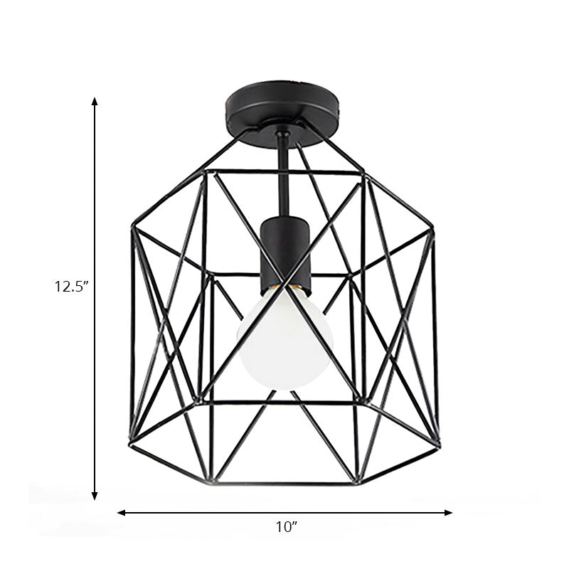 1 Head Geometric Cage Semi Mount Lighting Industrial Black Finish Metallic Semi-Flush Ceiling Fixture for Balcony Clearhalo 'Ceiling Lights' 'Close To Ceiling Lights' 'Close to ceiling' 'Semi-flushmount' Lighting' 166171