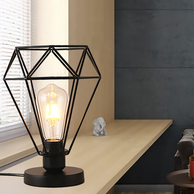 Industrial Style Wire Guard Table Lamp with Diamond Shade 1 Head Metallic Table Lighting in Black Clearhalo 'Lamps' 'Table Lamps' Lighting' 166386