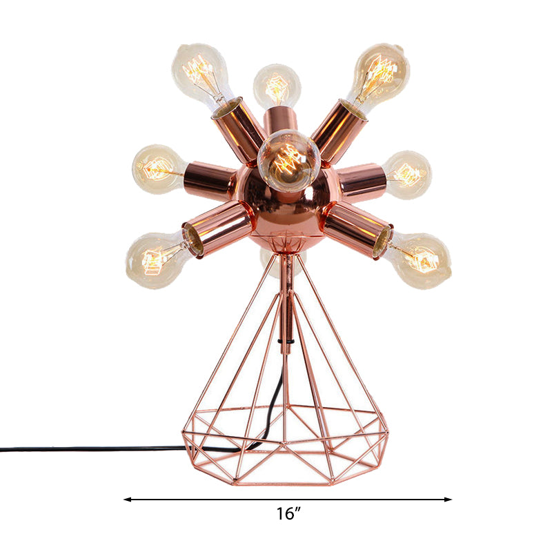 6/9-Head Table Lighting Retro Style Bare Bulb Metal Table Lamp with Diamond Base in Copper for Bedroom Clearhalo 'Lamps' 'Table Lamps' Lighting' 166637