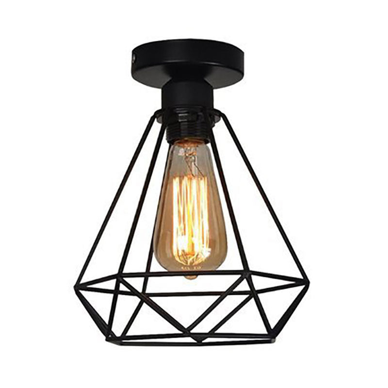 1 Head Iron Semi Flush Mount Light Industrial Style Black Cage Diamond Coffee Shop Ceiling Light Clearhalo 'Ceiling Lights' 'Close To Ceiling Lights' 'Close to ceiling' 'Semi-flushmount' Lighting' 168112