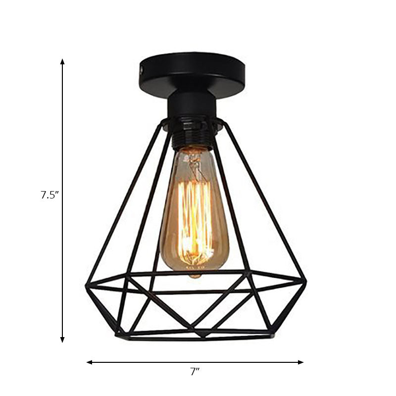 1 Head Iron Semi Flush Mount Light Industrial Style Black Cage Diamond Coffee Shop Ceiling Light Clearhalo 'Ceiling Lights' 'Close To Ceiling Lights' 'Close to ceiling' 'Semi-flushmount' Lighting' 168113