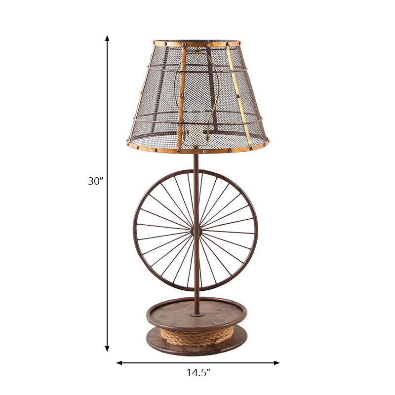 Lodge Stylish Mesh Cone Shade Table Lamp 1 Bulb Iron Desk Light with Wheel Deco in Bronze for Indoor Clearhalo 'Lamps' 'Table Lamps' Lighting' 168325