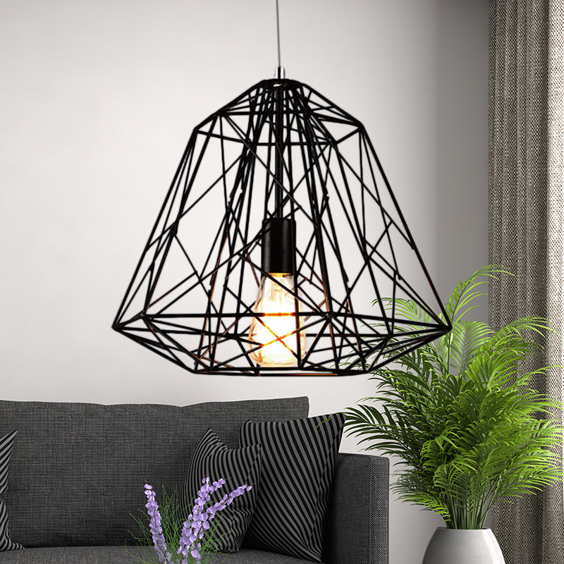 1 Head Ceiling Hanging Light Retro Style Geometric Cage Shade Metallic Suspension Lamp in Black/White Black Clearhalo 'Art Deco Pendants' 'Black' 'Cast Iron' 'Ceiling Lights' 'Ceramic' 'Crystal' 'Industrial Pendants' 'Industrial' 'Metal' 'Middle Century Pendants' 'Pendant Lights' 'Pendants' 'Rustic Pendants' 'Tiffany' Lighting' 16867