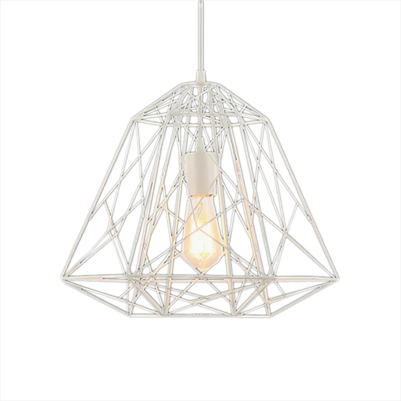 1 Head Ceiling Hanging Light Retro Style Geometric Cage Shade Metallic Suspension Lamp in Black/White White Clearhalo 'Art Deco Pendants' 'Black' 'Cast Iron' 'Ceiling Lights' 'Ceramic' 'Crystal' 'Industrial Pendants' 'Industrial' 'Metal' 'Middle Century Pendants' 'Pendant Lights' 'Pendants' 'Rustic Pendants' 'Tiffany' Lighting' 16872