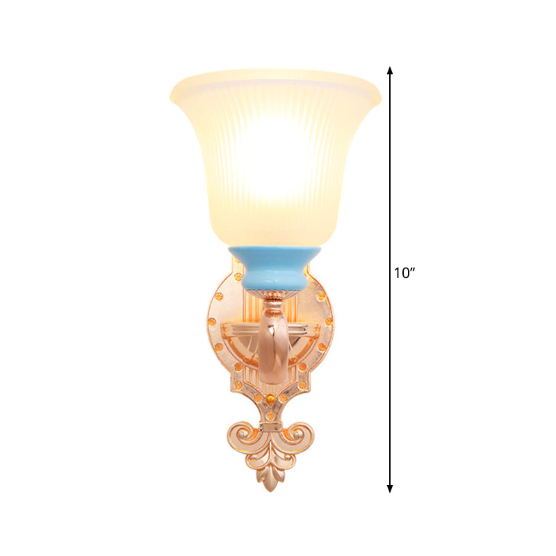 Vintage Swirled Arm Wall Light 1/2-Bulb Metal Wall Mounted Lighting in Gold with Bell Frosted Ribbed Glass Shade Clearhalo 'Wall Lamps & Sconces' 'Wall Lights' Lighting' 1687510