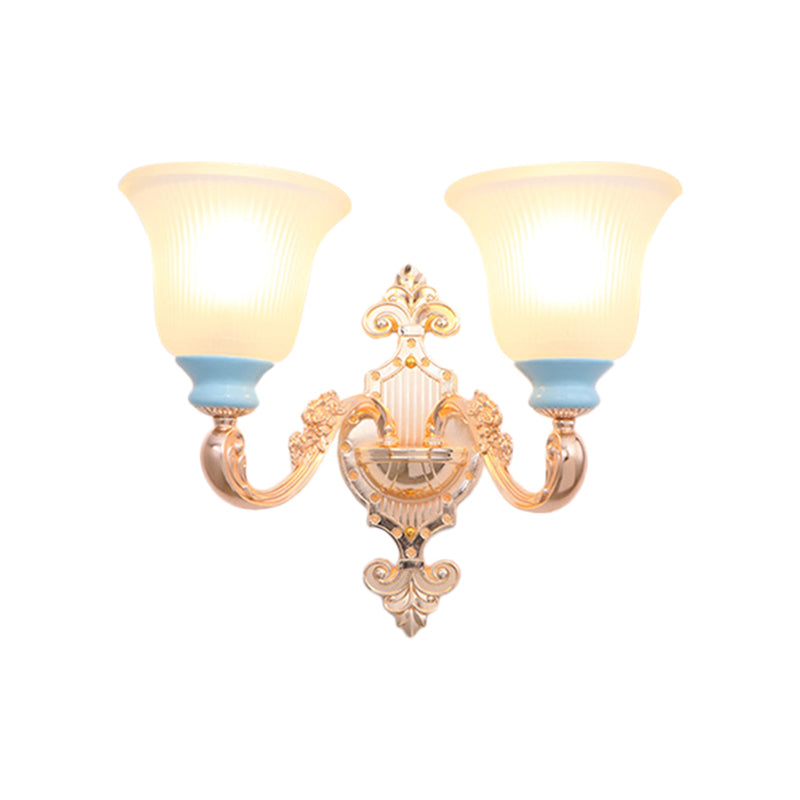 Vintage Swirled Arm Wall Light 1/2-Bulb Metal Wall Mounted Lighting in Gold with Bell Frosted Ribbed Glass Shade Clearhalo 'Wall Lamps & Sconces' 'Wall Lights' Lighting' 1687514