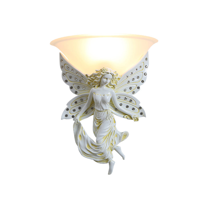 1 Light Wall Lighting Ideas Country Half-Bowl Opal Glass Wall Sconce in White/Gold with Right/Left Resin Angel Clearhalo 'Wall Lamps & Sconces' 'Wall Lights' Lighting' 1687532