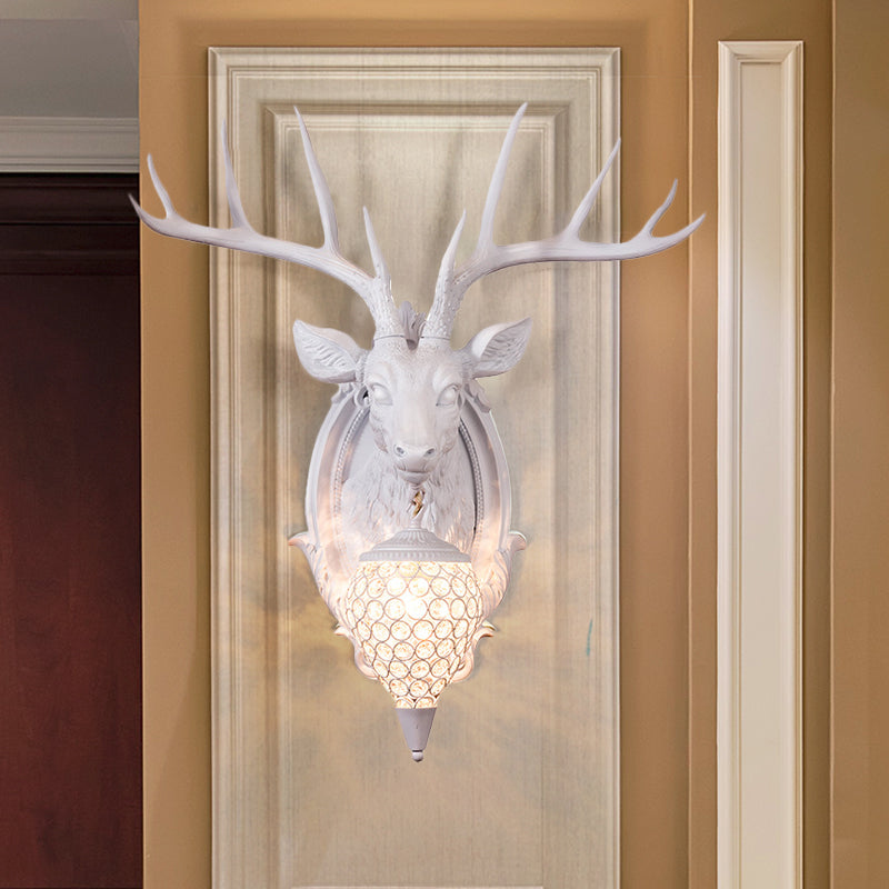 Resin Deer Shape Wall Mounted Light Cottage 1 Bulb Drawing Room Wall Sconce with Hand-Cut Crystal Shade in White/Beige/Orange Clearhalo 'Wall Lamps & Sconces' 'Wall Lights' Lighting' 1687586