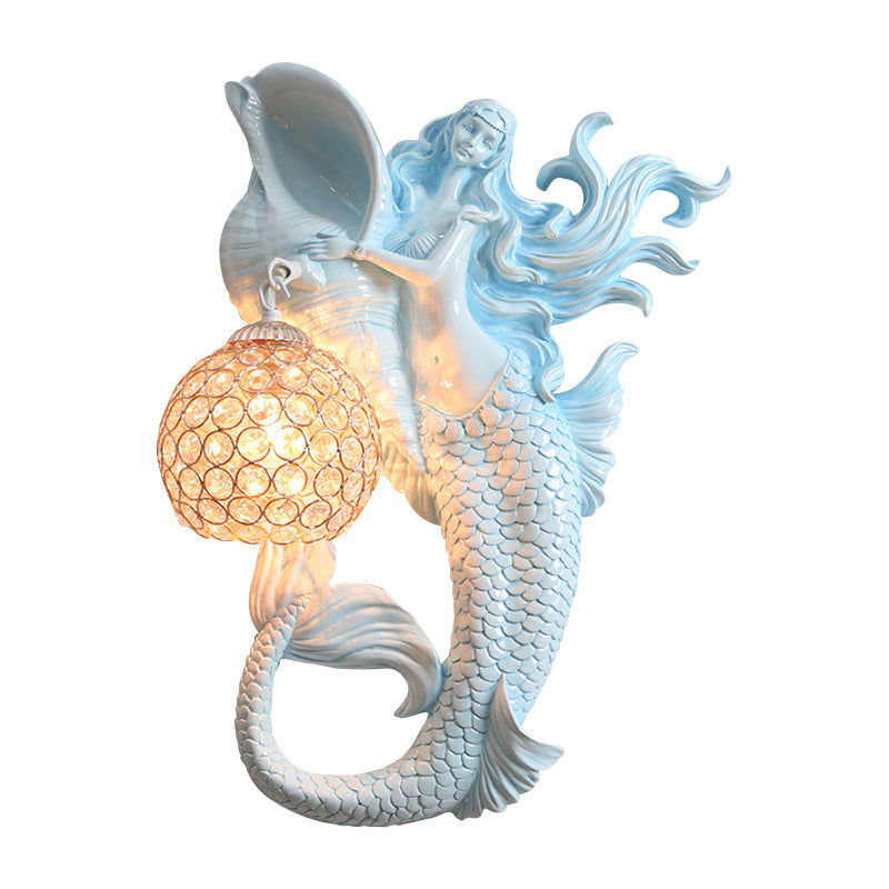 Farmhouse Sphere Sconce Light 1-Bulb Clear Beveled Crystal Wall Mounted Lighting with Mermaid Design in Light Blue/Gold, Left/Right Clearhalo 'Wall Lamps & Sconces' 'Wall Lights' Lighting' 1687600