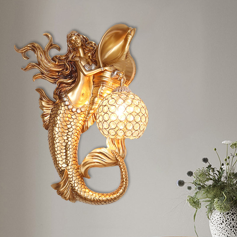 Farmhouse Sphere Sconce Light 1-Bulb Clear Beveled Crystal Wall Mounted Lighting with Mermaid Design in Light Blue/Gold, Left/Right Clearhalo 'Wall Lamps & Sconces' 'Wall Lights' Lighting' 1687603