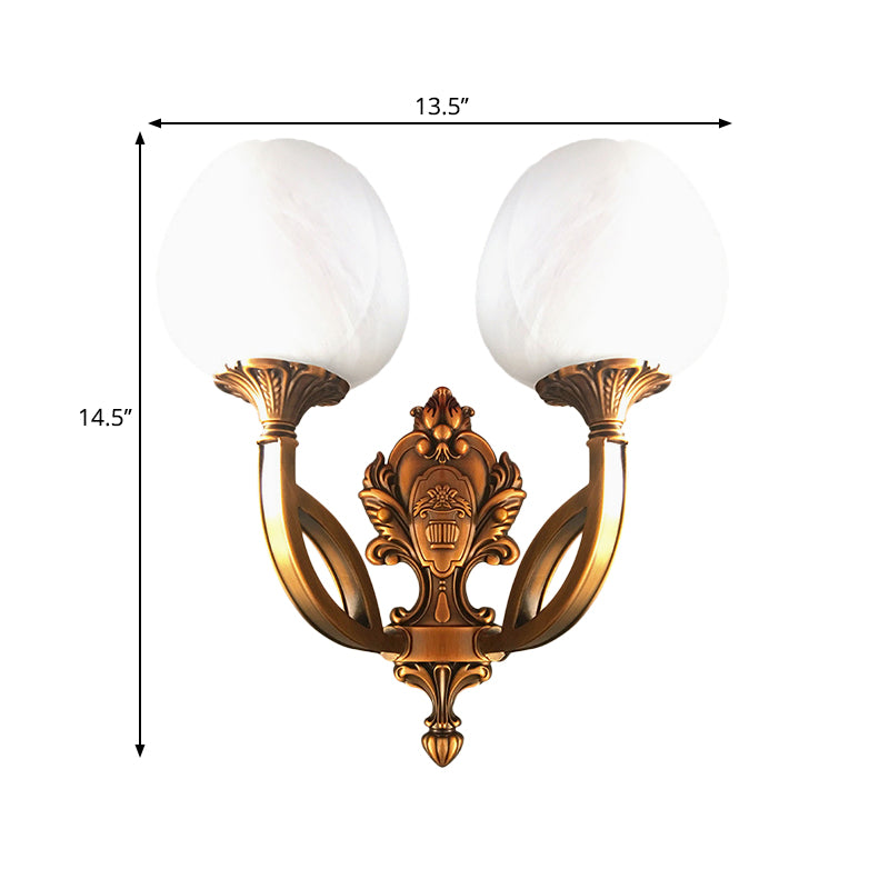 Tulip White Glass Wall Light Sconce Country 1/2-Bulb Living Room Wall Lighting Fixture in Brass with Curved Arm Clearhalo 'Wall Lamps & Sconces' 'Wall Lights' Lighting' 1687649