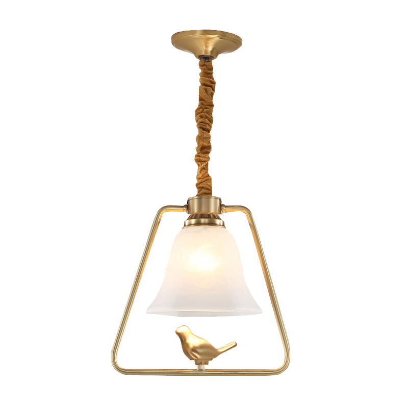 Bell Dining Hall Hanging Lamp Vintage Opal Glass Single Bulb Gold Framed Pendant Light Fixture with Bird Detail Clearhalo 'Ceiling Lights' 'Glass shade' 'Glass' 'Pendant Lights' 'Pendants' Lighting' 1687705