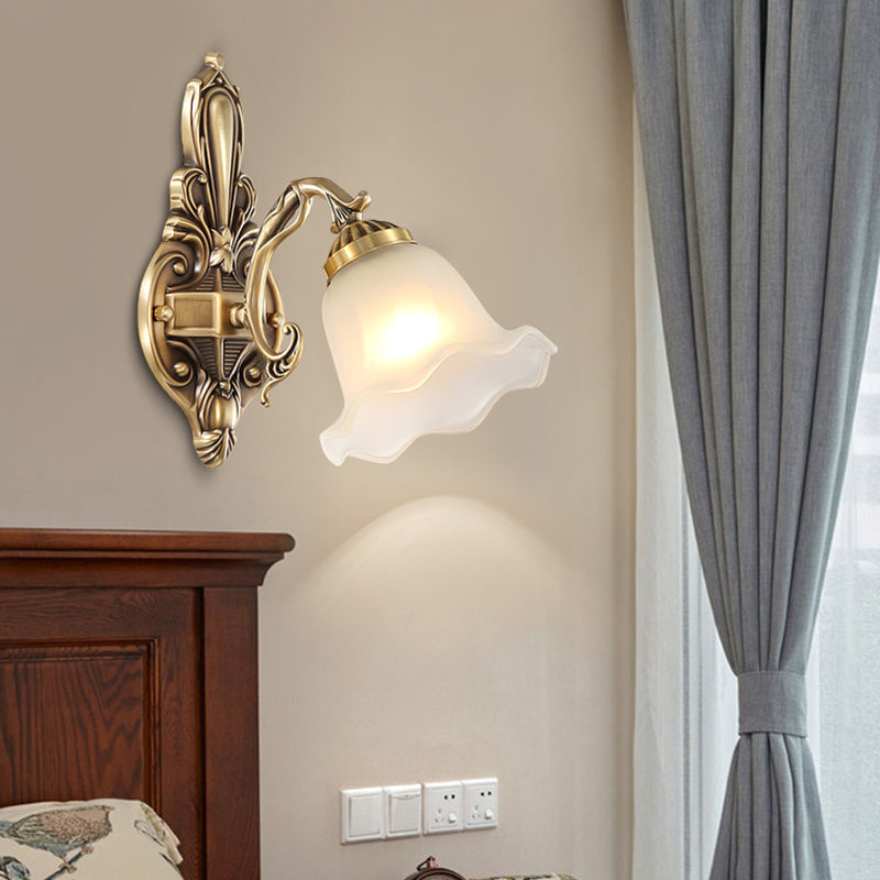 Bloom Shape Bedside Wall Lamp Retro Style Frosted Glass Single Light Antique Brass Wall Sconce Lighting Antique Brass Clearhalo 'Wall Lamps & Sconces' 'Wall Lights' Lighting' 1687720