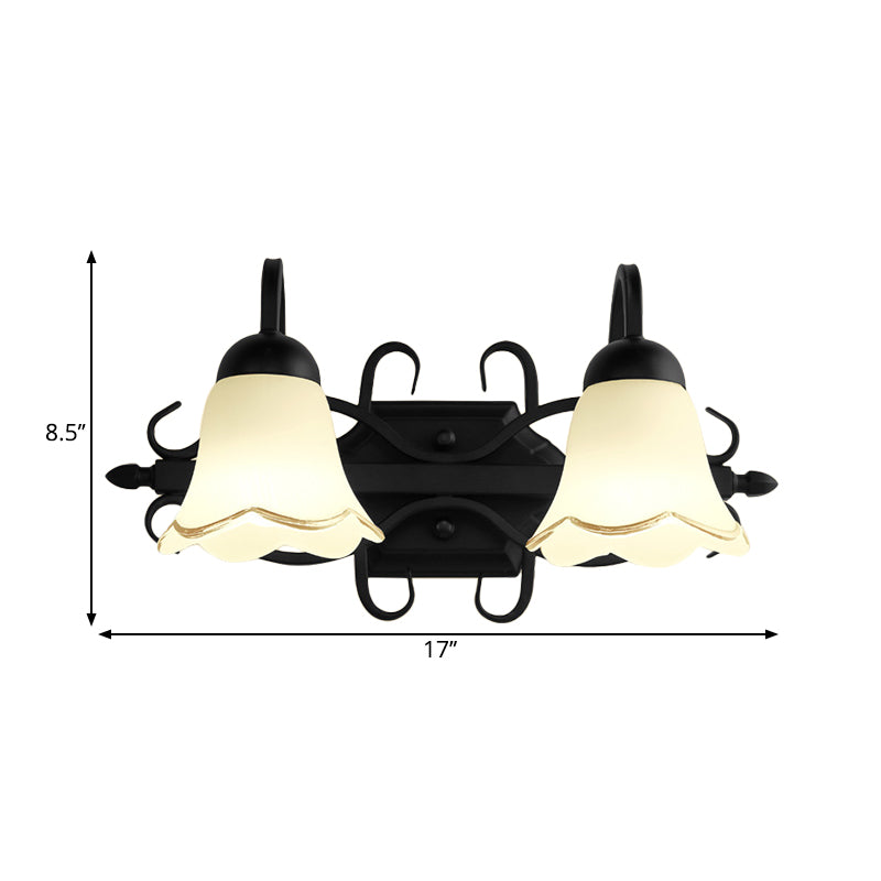 Flower Bathroom Wall Lighting Traditional Frosted Glass 2/3-Head Black Wall Light Sconce with Gooseneck Arm Clearhalo 'Wall Lamps & Sconces' 'Wall Lights' Lighting' 1687803