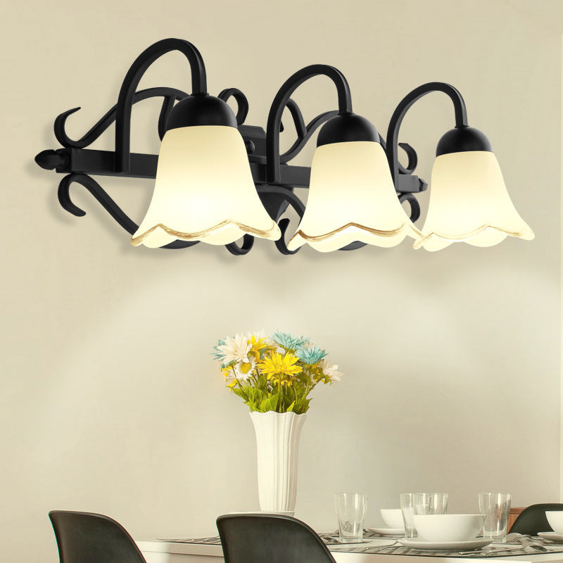 Flower Bathroom Wall Lighting Traditional Frosted Glass 2/3-Head Black Wall Light Sconce with Gooseneck Arm Clearhalo 'Wall Lamps & Sconces' 'Wall Lights' Lighting' 1687806