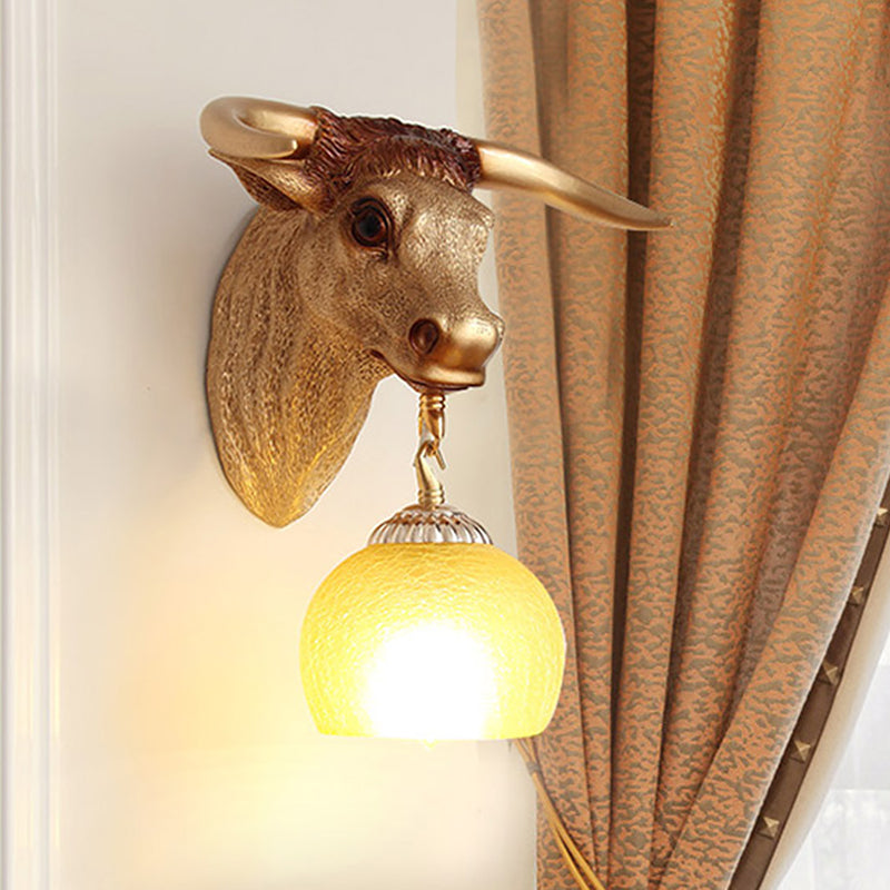 1-Head Resin Wall Light Fixture Country Gold Ox Head Wall Mounted Lamp with Ball Crackle Glass Shade Gold Clearhalo 'Wall Lamps & Sconces' 'Wall Lights' Lighting' 1687823