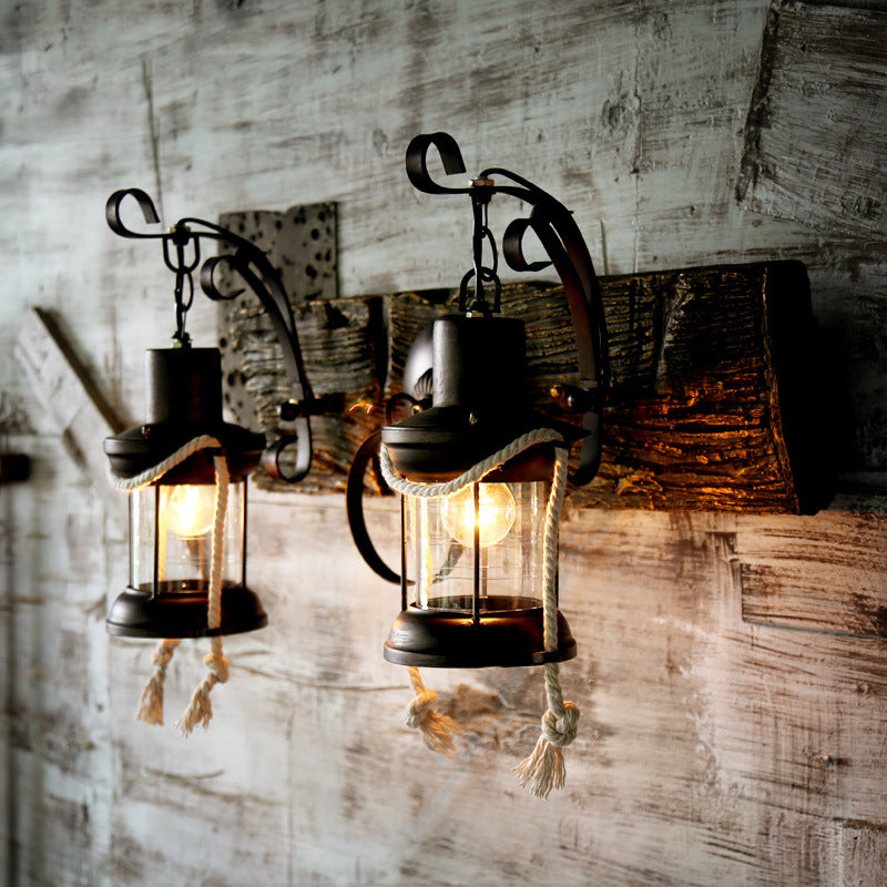 Lantern Clear Glass Wall Lighting Ideas Rustic 2 Bulbs Bar Wall Mount Light in Black Clearhalo 'Art deco wall lights' 'Cast Iron' 'Glass' 'Industrial wall lights' 'Industrial' 'Middle century wall lights' 'Modern' 'Rustic wall lights' 'Tiffany' 'Traditional wall lights' 'Wall Lamps & Sconces' 'Wall Lights' Lighting' 1687828