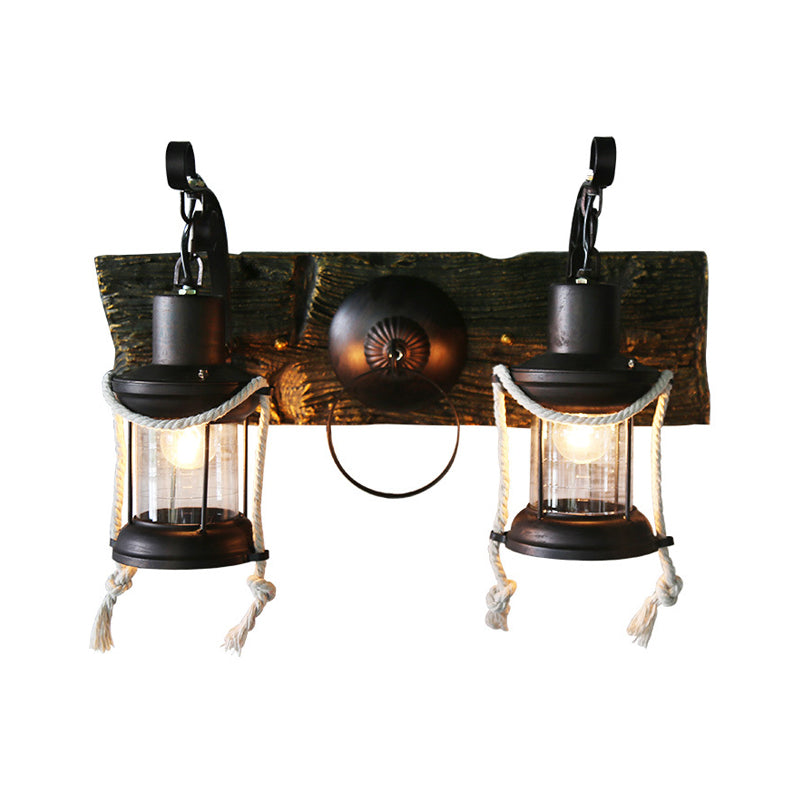 Lantern Clear Glass Wall Lighting Ideas Rustic 2 Bulbs Bar Wall Mount Light in Black Clearhalo 'Art deco wall lights' 'Cast Iron' 'Glass' 'Industrial wall lights' 'Industrial' 'Middle century wall lights' 'Modern' 'Rustic wall lights' 'Tiffany' 'Traditional wall lights' 'Wall Lamps & Sconces' 'Wall Lights' Lighting' 1687829