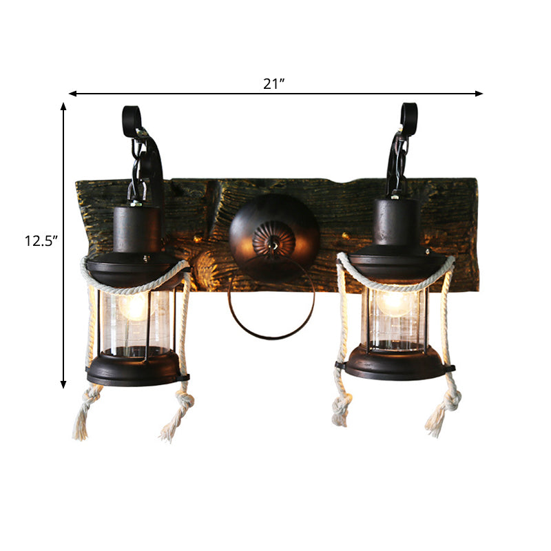 Lantern Clear Glass Wall Lighting Ideas Rustic 2 Bulbs Bar Wall Mount Light in Black Clearhalo 'Art deco wall lights' 'Cast Iron' 'Glass' 'Industrial wall lights' 'Industrial' 'Middle century wall lights' 'Modern' 'Rustic wall lights' 'Tiffany' 'Traditional wall lights' 'Wall Lamps & Sconces' 'Wall Lights' Lighting' 1687830