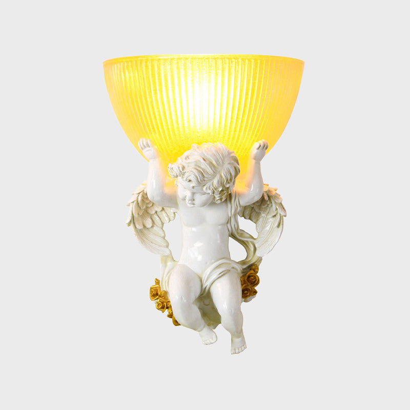 Single Bulb Angel Wall Lighting Vintage Silver/White/Beige Resin Wall Mounted Lamp with Bowl Amber Fluted Glass Shade Clearhalo 'Wall Lamps & Sconces' 'Wall Lights' Lighting' 1687894