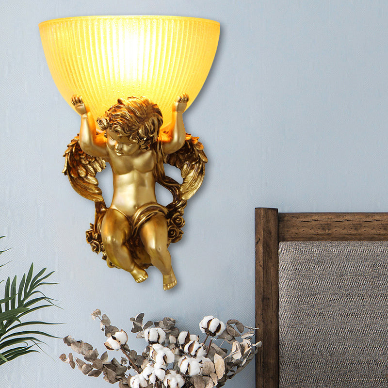 Single Bulb Angel Wall Lighting Vintage Silver/White/Beige Resin Wall Mounted Lamp with Bowl Amber Fluted Glass Shade Clearhalo 'Wall Lamps & Sconces' 'Wall Lights' Lighting' 1687897