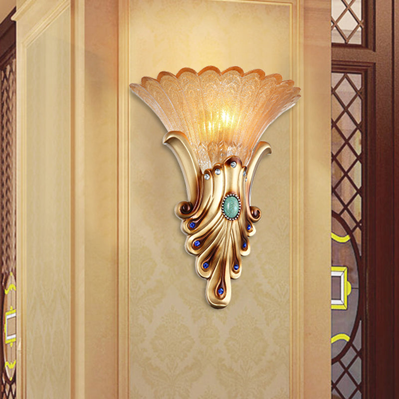 Scalloped Corridor Wall Sconce Loft Style Amber Ribbed Glass 1-Bulb Gold Wall Lighting with Peacock Feather Design Clearhalo 'Wall Lamps & Sconces' 'Wall Lights' Lighting' 1687926