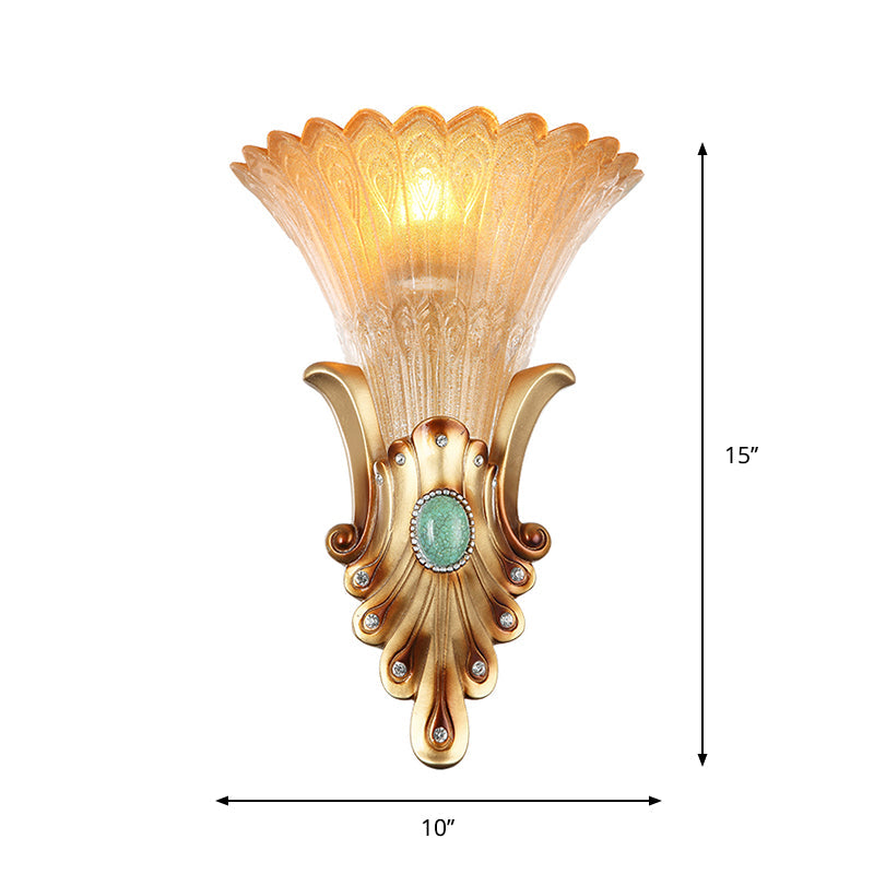 Scalloped Corridor Wall Sconce Loft Style Amber Ribbed Glass 1-Bulb Gold Wall Lighting with Peacock Feather Design Clearhalo 'Wall Lamps & Sconces' 'Wall Lights' Lighting' 1687928