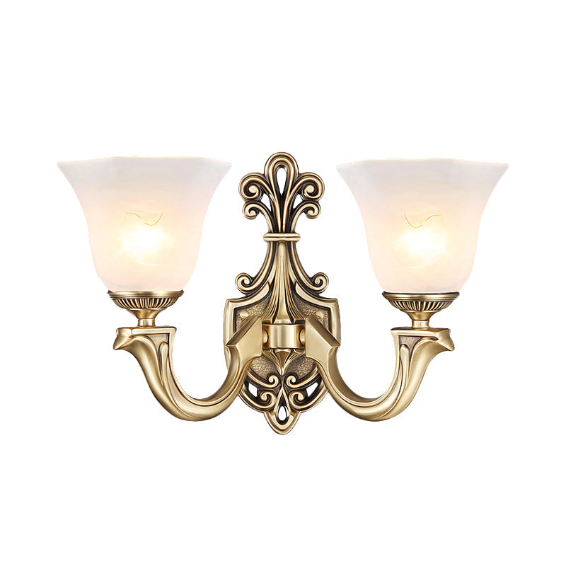 Gold 1/2 Bulbs Wall Mounted Lamp Traditional Frosted Glass Inverted Bell Wall Lighting Idea with Curved Arm Clearhalo 'Wall Lamps & Sconces' 'Wall Lights' Lighting' 1688013