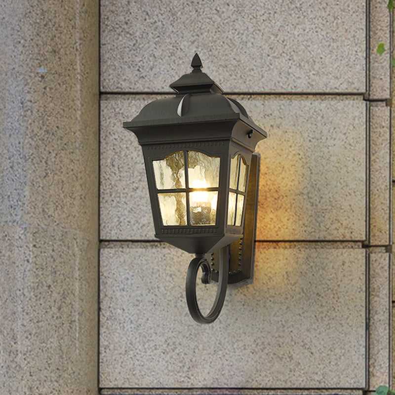 1 Light Seedy Glass Wall Lamp Antique Black Lantern Doorway Wall Light with Up/Down Curved Arm, 10