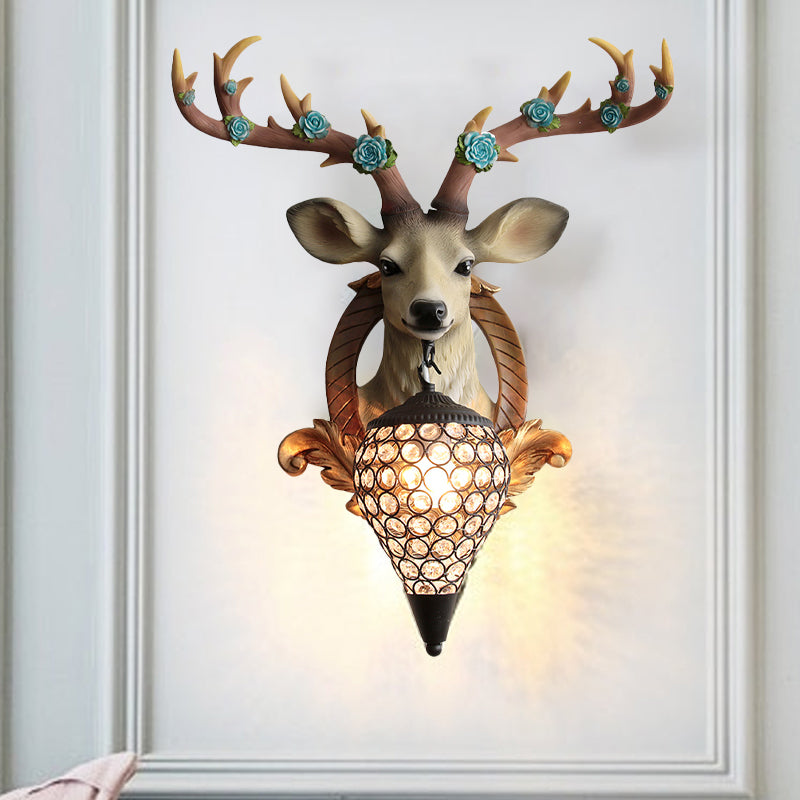 Rural Deer Wall Lighting 1-Head Resin Wall Mounted Lamp with Clear Hand-Cut Crystal Shade in Gold/Grey/White Clearhalo 'Wall Lamps & Sconces' 'Wall Lights' Lighting' 1688134