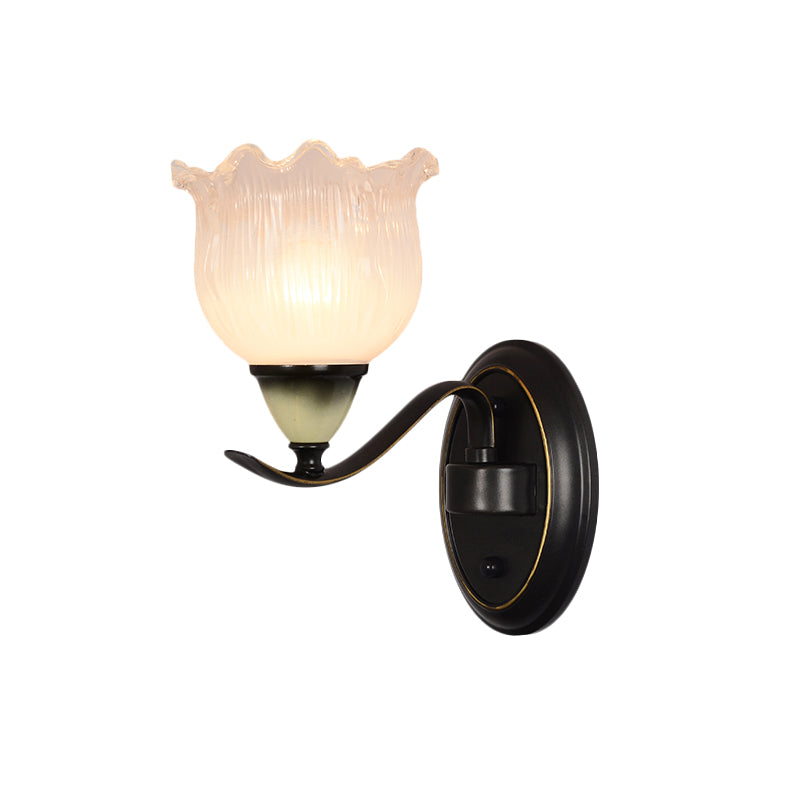 Vintage Blossom Sconce Lamp 1/2-Bulb Opal Ribbed Glass Wall Lighting Idea in Black for Living Room Clearhalo 'Wall Lamps & Sconces' 'Wall Lights' Lighting' 1688182
