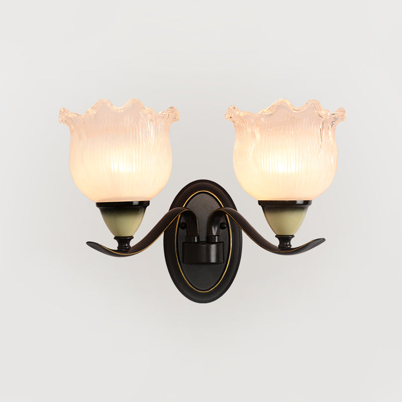 Vintage Blossom Sconce Lamp 1/2-Bulb Opal Ribbed Glass Wall Lighting Idea in Black for Living Room Clearhalo 'Wall Lamps & Sconces' 'Wall Lights' Lighting' 1688186