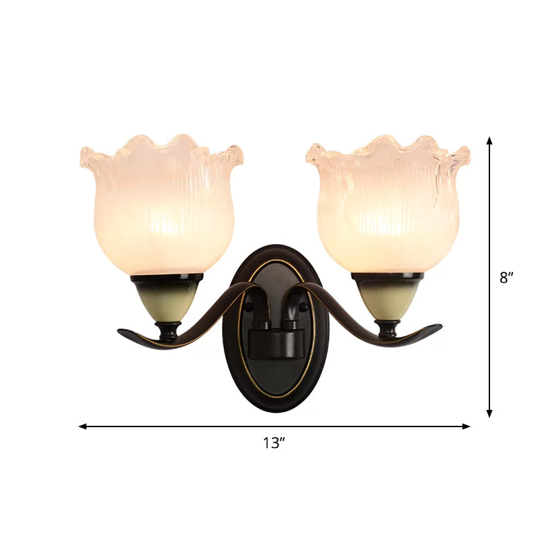 Vintage Blossom Sconce Lamp 1/2-Bulb Opal Ribbed Glass Wall Lighting Idea in Black for Living Room Clearhalo 'Wall Lamps & Sconces' 'Wall Lights' Lighting' 1688188
