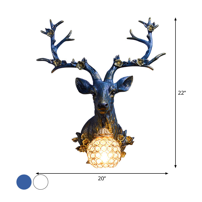 White/Blue 1 Light Wall Lamp Country Style Resin Deer and Flower Wall Mounted Lighting with Faceted Clear Crystal Shade Clearhalo 'Wall Lamps & Sconces' 'Wall Lights' Lighting' 1688225