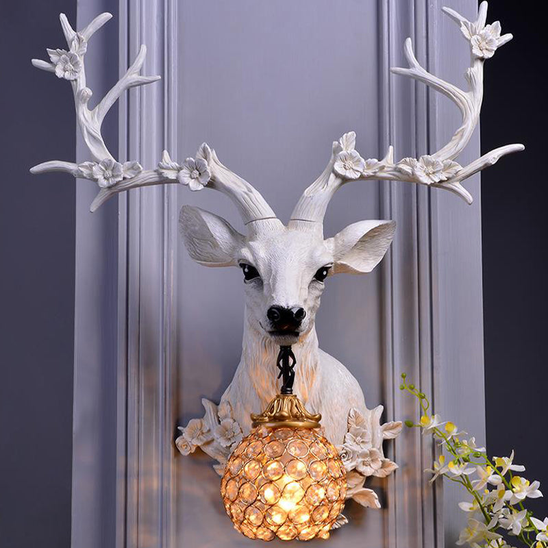 White/Blue 1 Light Wall Lamp Country Style Resin Deer and Flower Wall Mounted Lighting with Faceted Clear Crystal Shade Clearhalo 'Wall Lamps & Sconces' 'Wall Lights' Lighting' 1688227