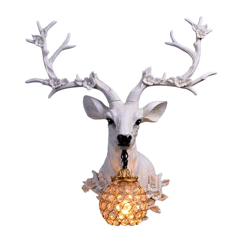 White/Blue 1 Light Wall Lamp Country Style Resin Deer and Flower Wall Mounted Lighting with Faceted Clear Crystal Shade Clearhalo 'Wall Lamps & Sconces' 'Wall Lights' Lighting' 1688229