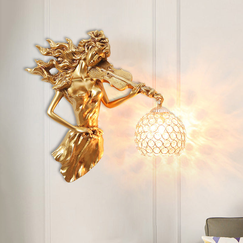 Antiqued Girl Holding Violin Wall Lamp Single Bulb Resin Wall Light Sconce with Ball Beveled Clear crystal Shade in White/Gold Clearhalo 'Wall Lamps & Sconces' 'Wall Lights' Lighting' 1688231