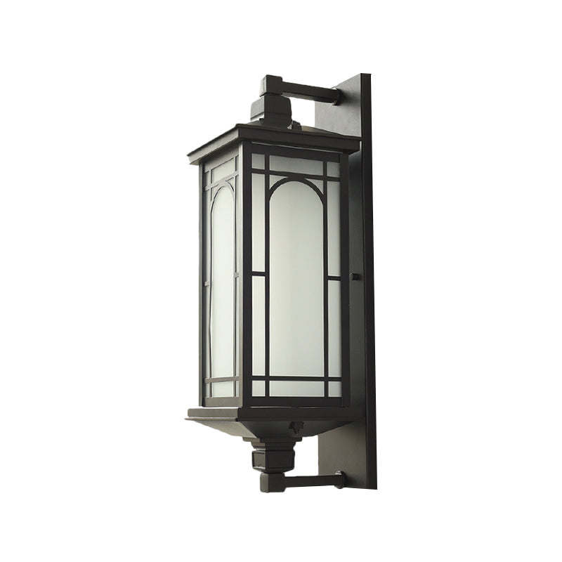 Black Lantern Wall Sconce Classic Style Opaline Glass 1-Light Lodge Wall Mount Lighting Clearhalo 'Art deco wall lights' 'Cast Iron' 'Glass' 'Industrial wall lights' 'Industrial' 'Middle century wall lights' 'Modern' 'Rustic wall lights' 'Tiffany' 'Traditional wall lights' 'Wall Lamps & Sconces' 'Wall Lights' Lighting' 1688297