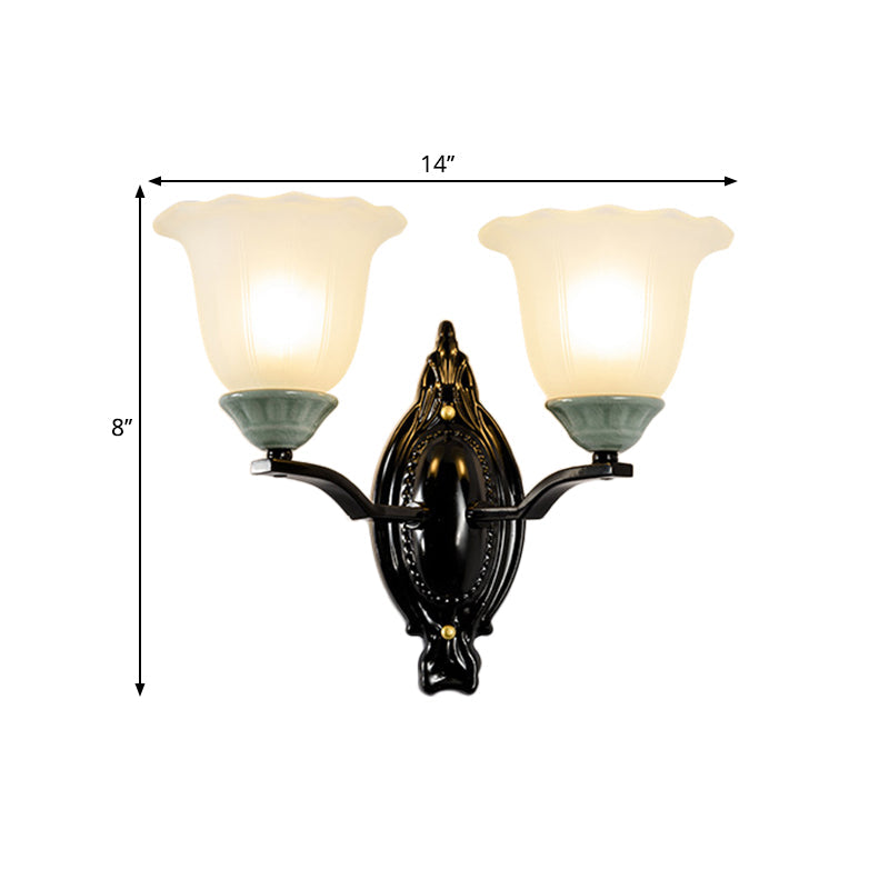 1/2-Light Sconce Retro Style Bedroom Wall Mount Lighting with Scalloped Bell Frosted Glass Shade in Black Clearhalo 'Wall Lamps & Sconces' 'Wall Lights' Lighting' 1688335