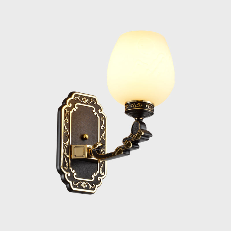 Classic Cup-like Wall Sconce 1-Head Cream Glass Etching Wall Mounted Lighting in Black Clearhalo 'Wall Lamps & Sconces' 'Wall Lights' Lighting' 1688373