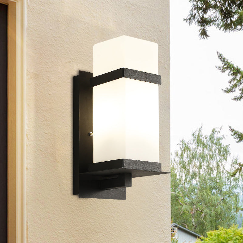 Rectangle White Glass Wall Lamp Fixture Retro 1 Light Porch Wall Sconce Lighting in Black, 5