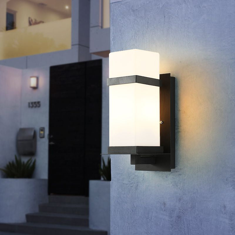 Rectangle White Glass Wall Lamp Fixture Retro 1 Light Porch Wall Sconce Lighting in Black, 5