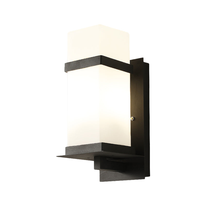 Rectangle White Glass Wall Lamp Fixture Retro 1 Light Porch Wall Sconce Lighting in Black, 5