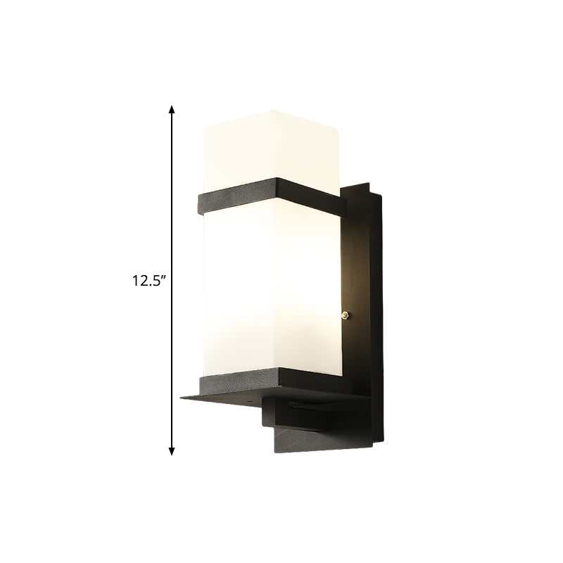 Rectangle White Glass Wall Lamp Fixture Retro 1 Light Porch Wall Sconce Lighting in Black, 5