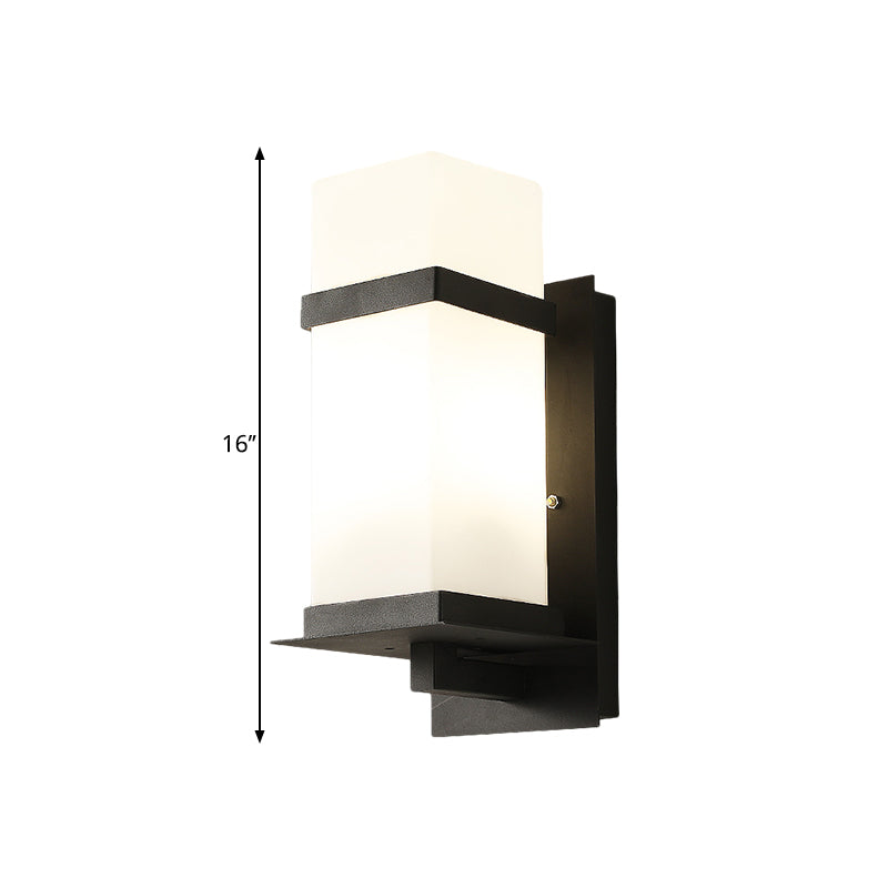 Rectangle White Glass Wall Lamp Fixture Retro 1 Light Porch Wall Sconce Lighting in Black, 5