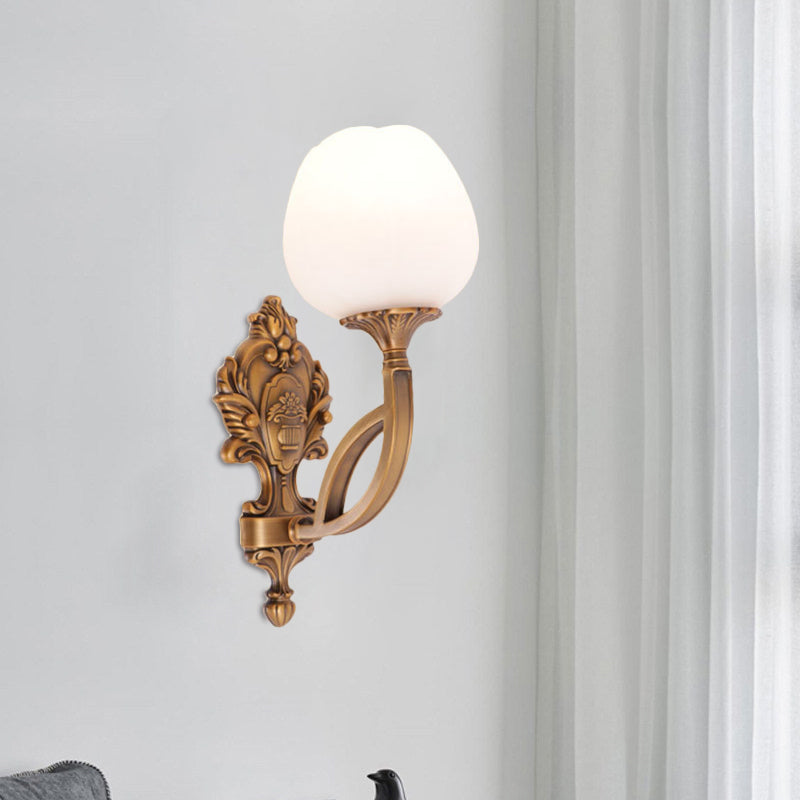 Rural Flower Wall Mounted Lamp 1 Light Cream Glass Wall Sconce Lighting in Brass with Carved Backplate Brass Clearhalo 'Wall Lamps & Sconces' 'Wall Lights' Lighting' 1688398